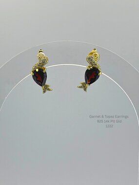 Natural Garnet & White Topaz Bird Earrings 925 Sterling Silver 14K Gold Plated